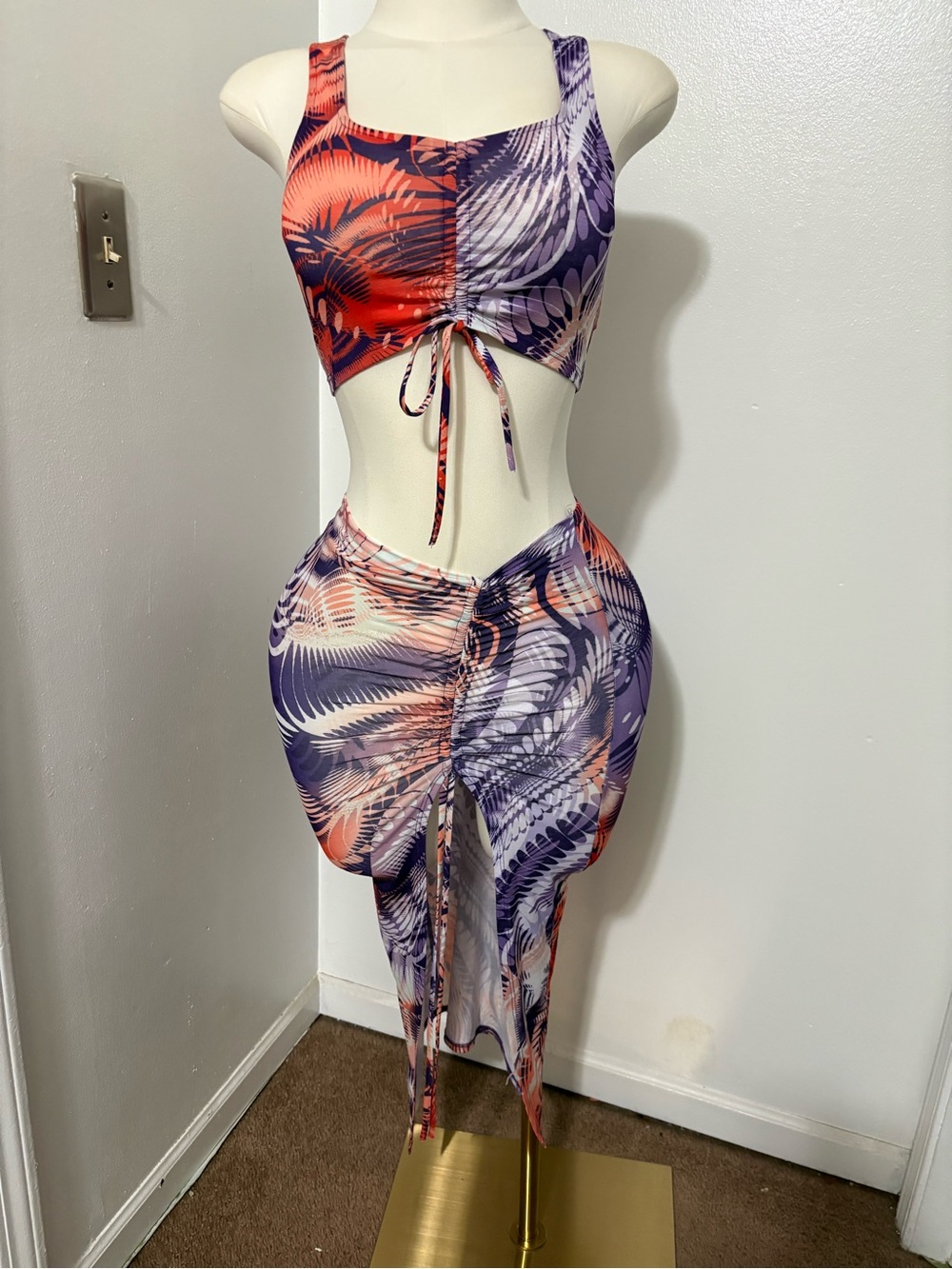 Abstract Palm-Print Tie-Front Skirt Set in Purple & Orange NWOT